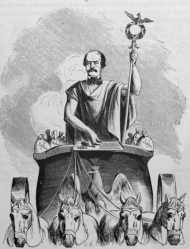 奥托・冯・俾斯麦坐在四轮马车上分发钱财,勃兰登堡门