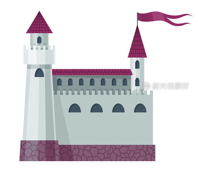 中世纪王国城堡或皇家要塞。中世纪历史时期的童话建筑。矢量建筑外观设计
