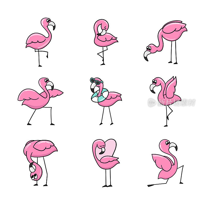 火烈鸟。可爱的粉红色火烈鸟。设计用的一套贴纸。