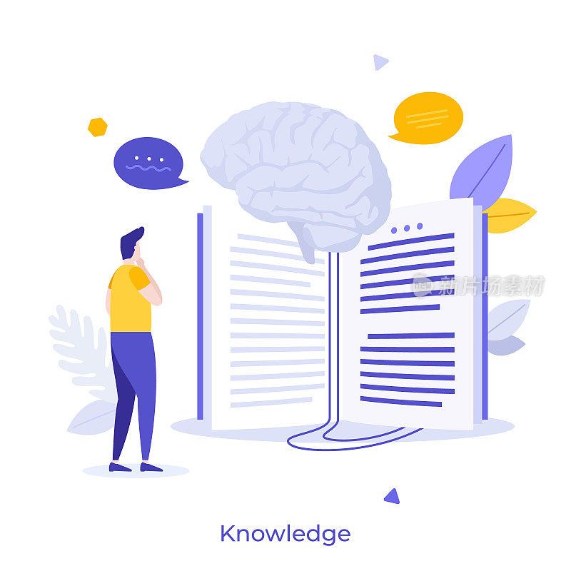 读书的学生或研究人员与人脑。知识概念，大学研究，学校学习，智慧教育，学术或科学文献。平面矢量插图海报。