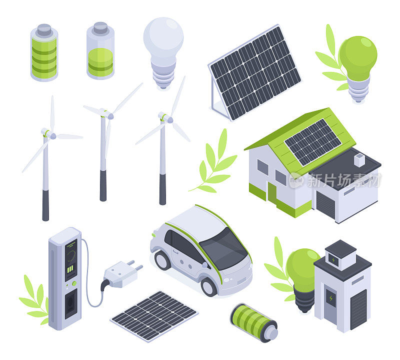 等距绿色能源，三维替代能源。太阳能电池板，电动汽车，风力发电机和风车，太阳能电池矢量插图集。可再生能源元素收集