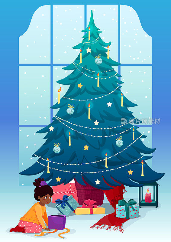 圣诞贺卡。一个非裔美国女孩在一棵大圣诞树下打开礼物。