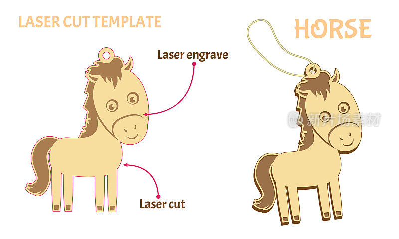 马。模板用于激光切割和雕刻。胶合板做的玩具。中国新年生肖。矢量插图在一个简单的风格孤立的白色。