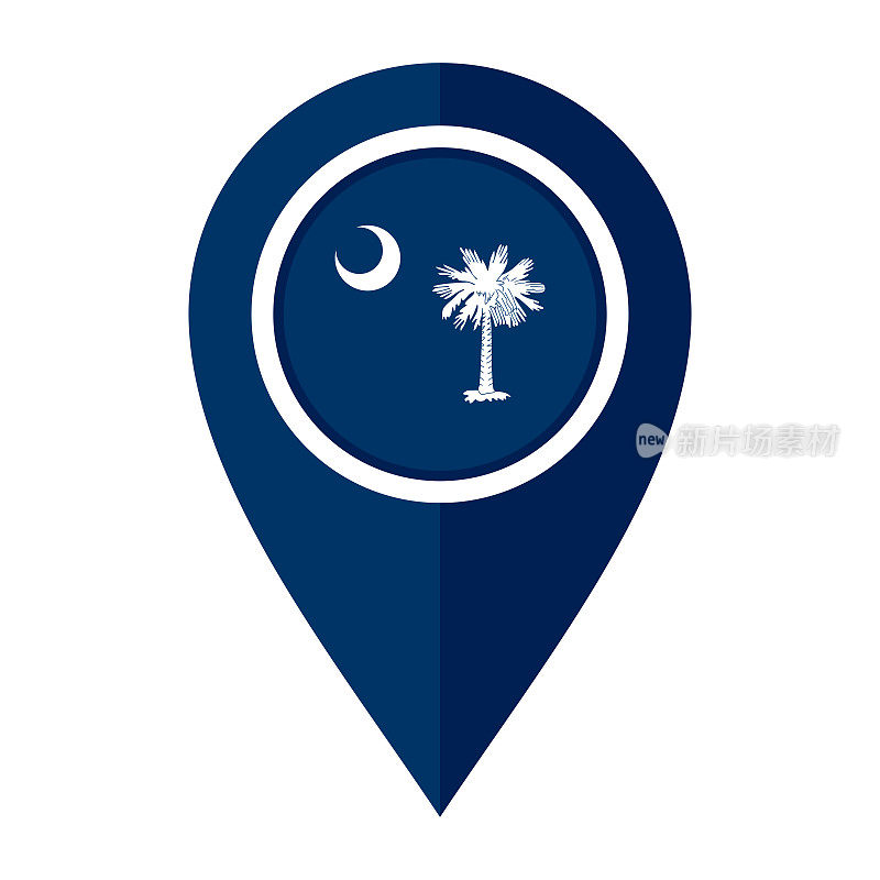 平面地图标记图标与南卡罗来纳州的旗帜。矢量插图孤立在白色背景上