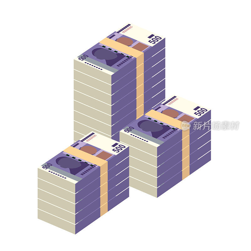吉尔吉斯som矢量插图。吉尔吉斯斯坦货币套装捆钞。纸币500索姆。平的风格。孤立的白色背景。简约的设计。