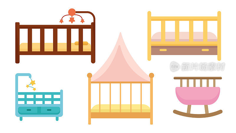 一套卡通风格的彩色儿童床。家庭室内白色背景的家具矢量插图。