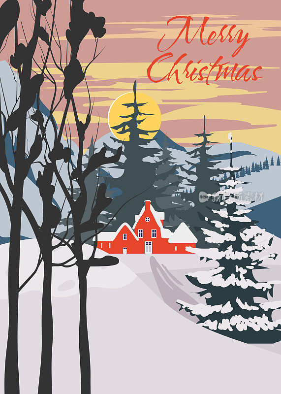 海报冬村乡村冬雪景夕阳，复古。圣诞快乐