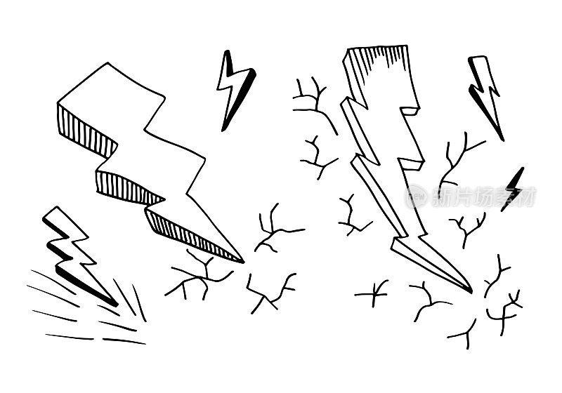 集手绘矢量涂鸦电闪电符号素描插图。雷霆符号涂鸦图标。