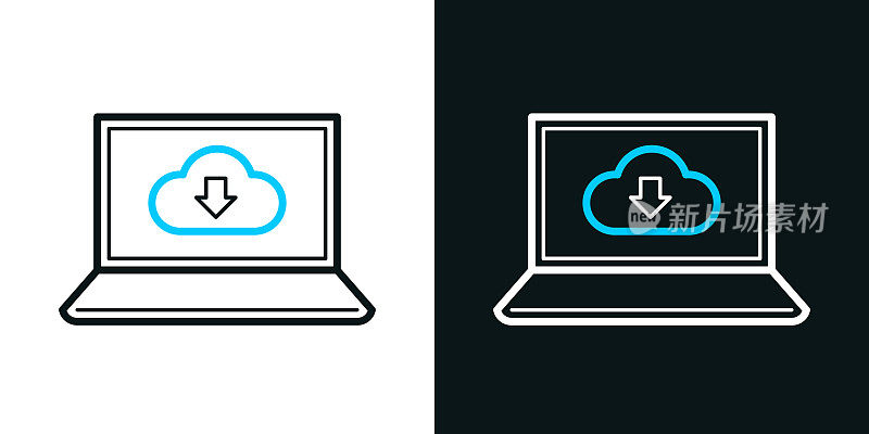 云下载到笔记本电脑。黑色或白色背景上的双色线条图标-可编辑笔触