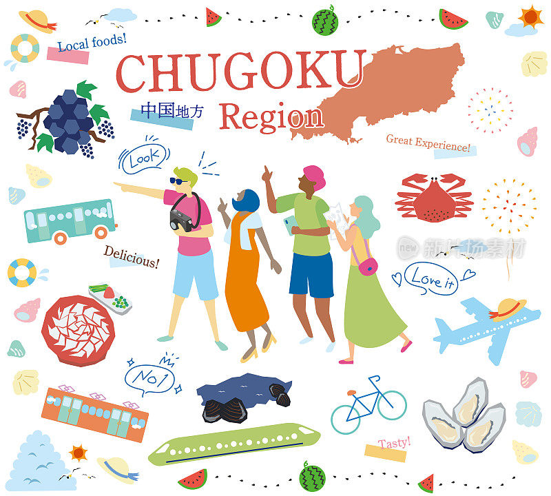 在日本Chugoku地区享受夏季美食观光的游客，一组图标(平)