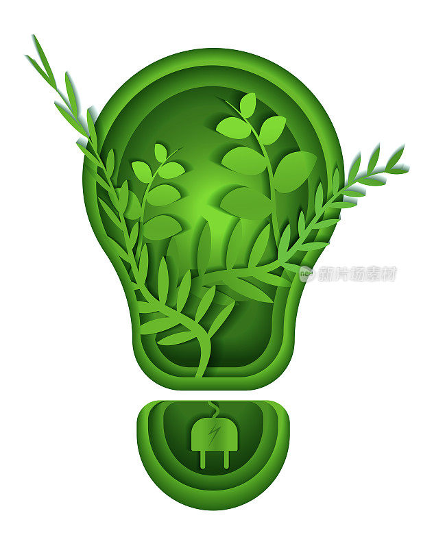 绿色电灯泡，内装绿叶，生态纯绿色能源概念。环保环保能源。新的生态系统