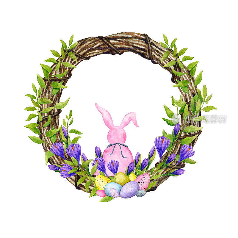 用番红花、枝叶、彩蛋和兔子装饰的复活节花环。水彩手绘孤立的白色背景。