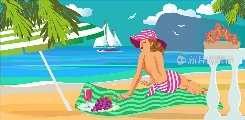 夏天的女孩在沙滩上休息，背景是山和船的风景。向量