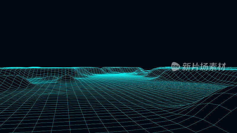 抽象线框地形。山脉的矢量景观。未来主义的多边形背景。技术透视网格与三维景观。复古设计。