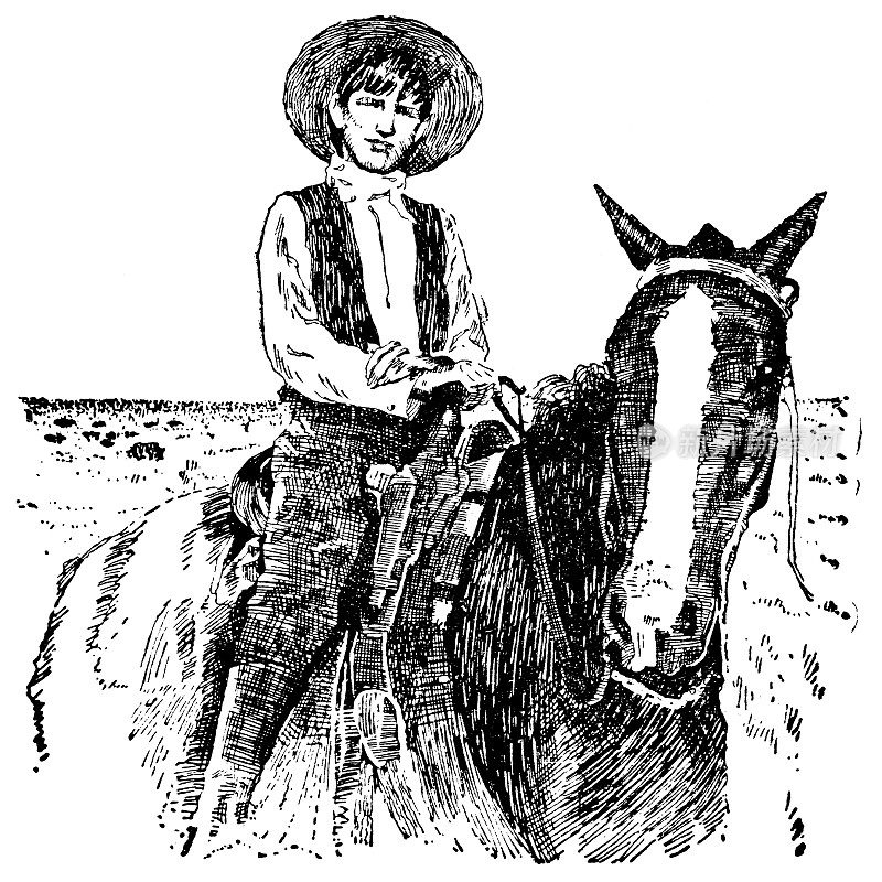 19世纪，美国德克萨斯州圣达菲小道上的少年牛仔