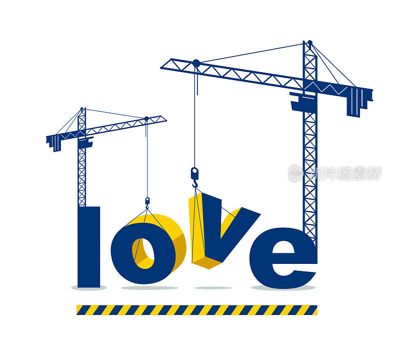 建筑吊车搭建爱心字矢量概念设计，概念插画用文字寓意在进行发展，时尚隐喻关系。