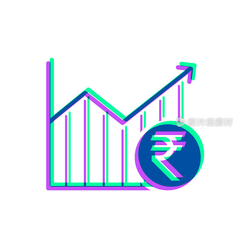 印度卢比硬币的增长图表。图标与两种颜色叠加在白色背景上