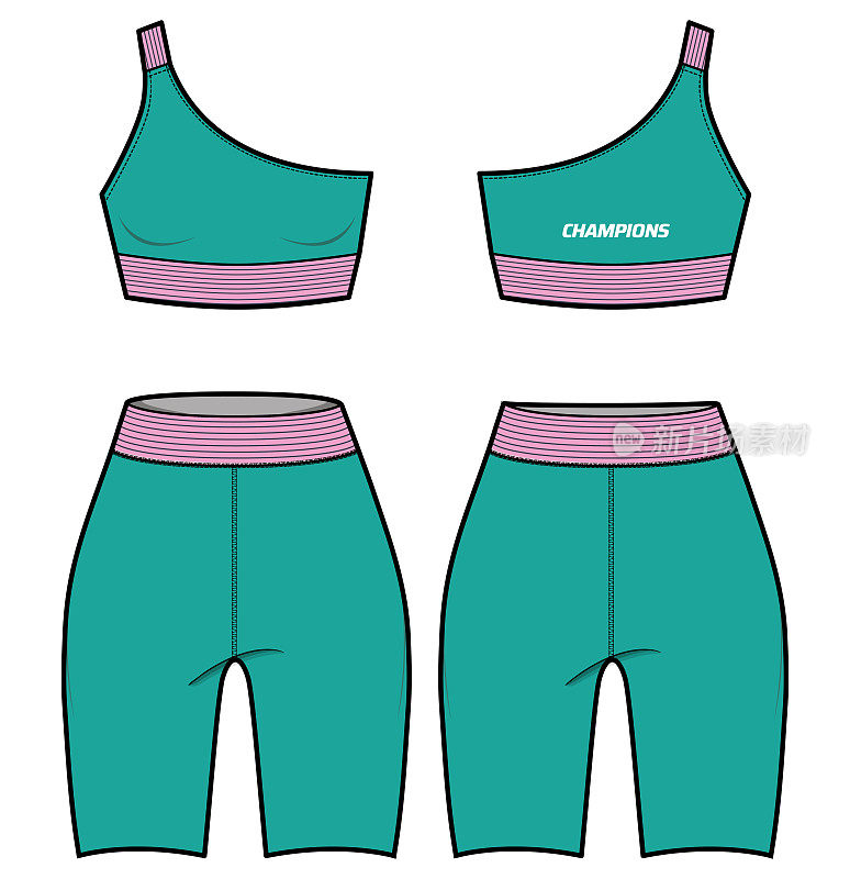女子跑步套装运动一带胸罩上衣和紧身裤短打底裤活动服装设计平面素描插图适合女孩和女士。两件套游泳，瑜伽，健身房，跑步