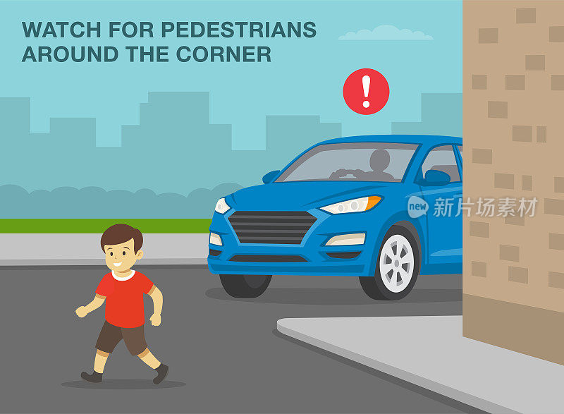 行人安全和汽车驾驶规则。男孩跑到马路上。注意拐角处的行人。