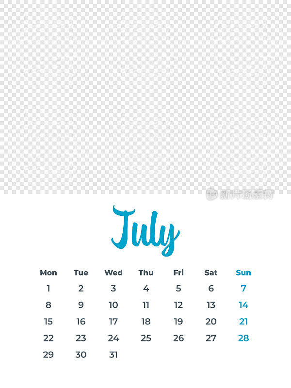 2024年7月-日历与照片或插图的地方。日历矢量模板为2024年。这一周从星期一开始