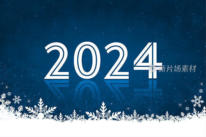白色文字2024在黑暗的午夜海军蓝水平闪闪发光的模糊矢量新年快乐庆祝背景贺卡，海报和横幅与幻想雪花和雪边界在底部