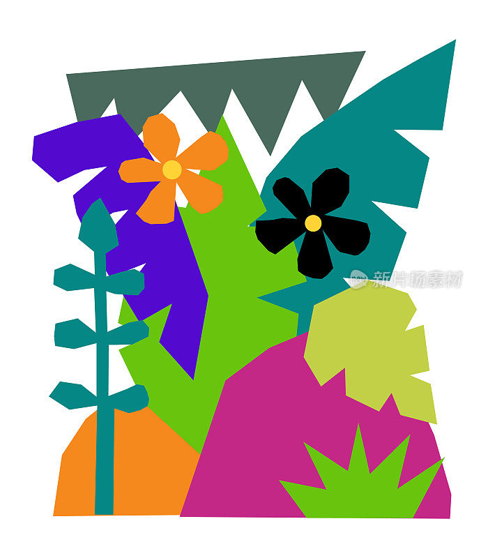 抽象的热带植物学艺术海报印刷与树叶，花朵，植物，自然对象