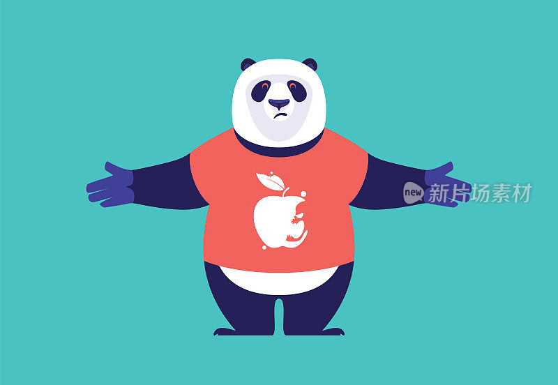 伤心的熊猫在红t恤上发现了坏苹果