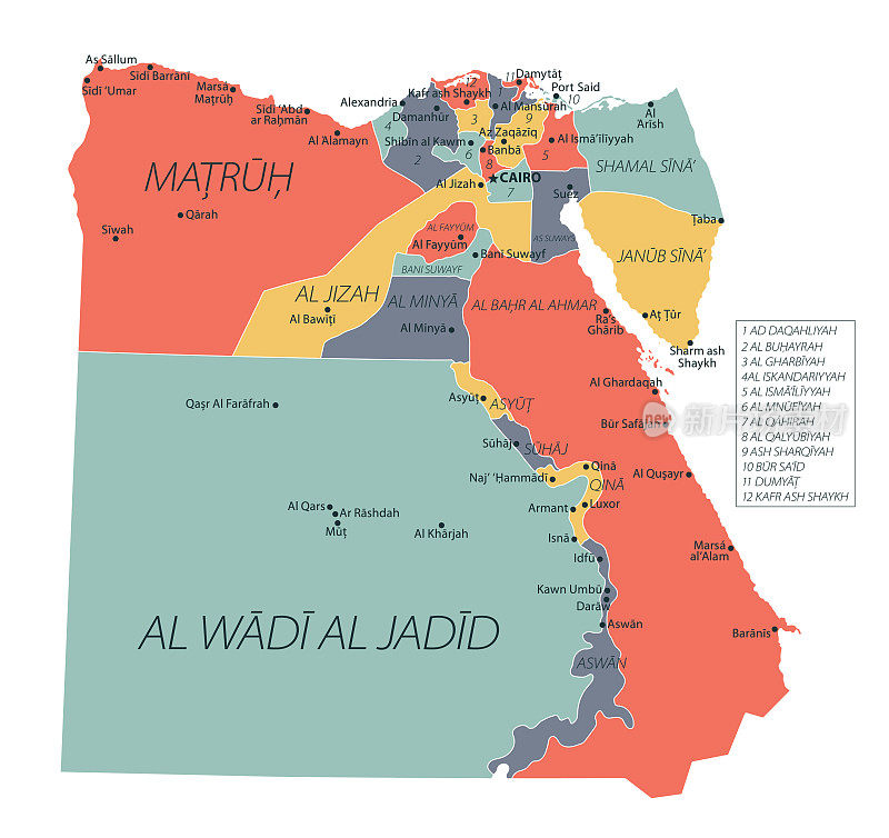 埃及地图。矢量彩色地图的埃及