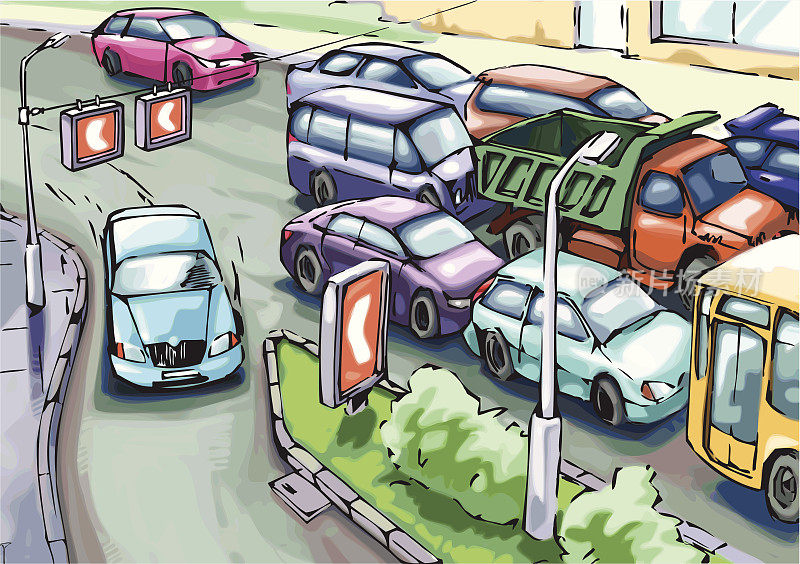 画一个交通堵塞和汽车采取出口避开它