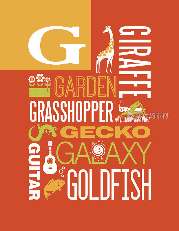 字母G海报。以G开头的插图和单词。