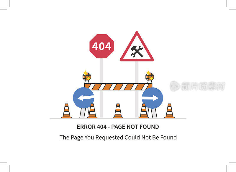 错误404页与道路建设标志矢量插图