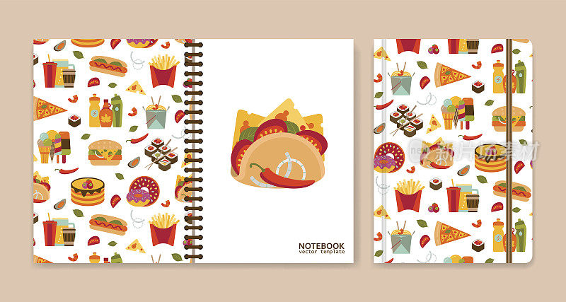 封面设计的笔记本或剪贴簿与快餐图标。矢量插图。