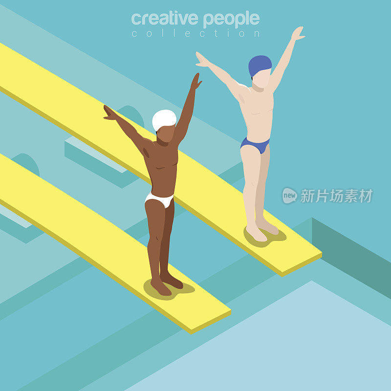 平面等距游泳者在蹦床跳板矢量插图。游泳池潜水员三维等距图像。夏季国际竞赛概念。