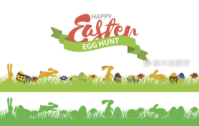 复活节无缝边框有兔子、草和蛋。多色和单色无缝边框设置。彩蛋图标