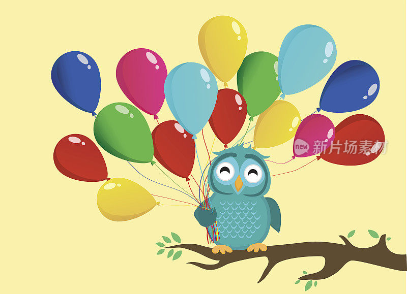 可爱的猫头鹰坐在树枝上，拿着许多五颜六色的气球。贺卡或生日和情人节请柬。矢量图