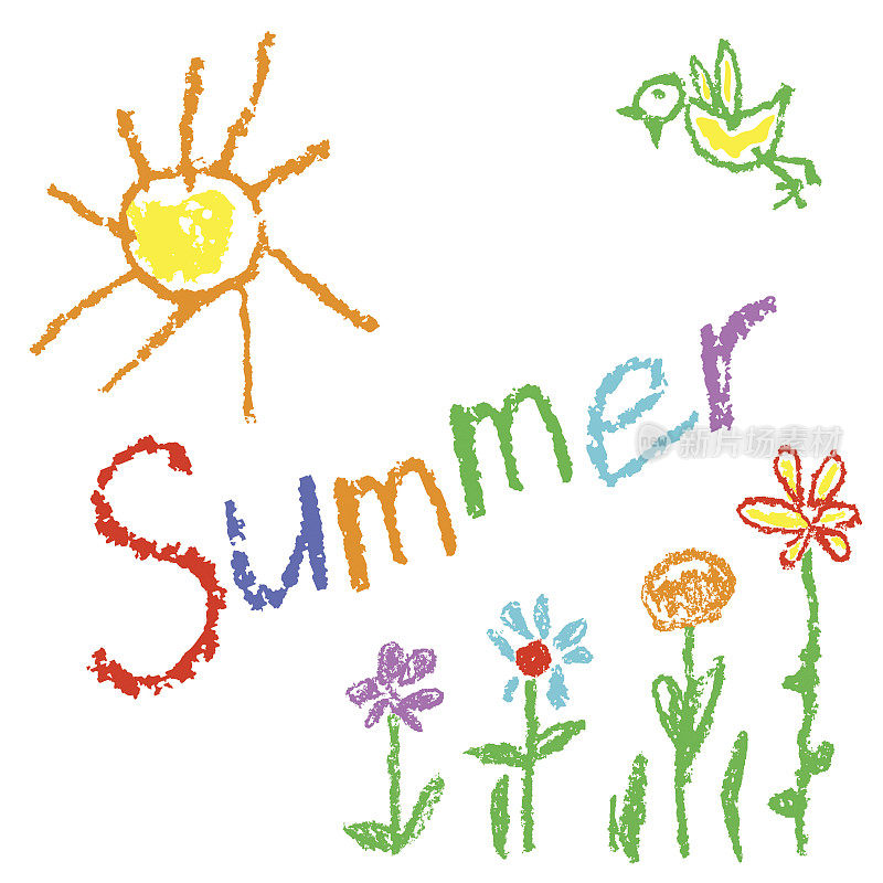 用蜡笔像孩子一样画出夏日的背景，有太阳、小鸟、花朵、小草。
