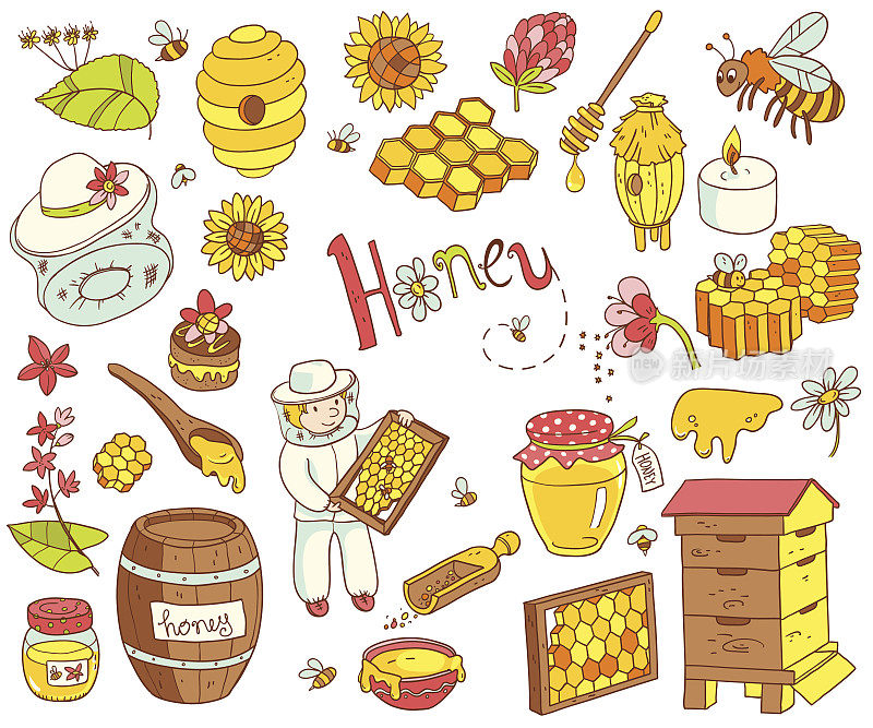 矢量蜂蜜元素涂鸦集蜂巢，养蜂人，花