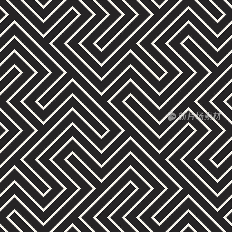 迷宫纠结的线条当代图形。矢量无缝黑白模式。