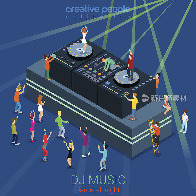 夜总会舞蹈DJ摊位派对平面三维网络等角信息图概念矢量模板。一群年轻男子和女孩在现场跳舞前和dee-jay设备。有创造力的人集合。