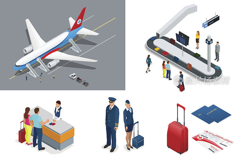 等距机场旅游和交通图标。孤立的人，机场航站楼，飞机，旅客男女，机场跑道，飞机，跑道，机场保安。