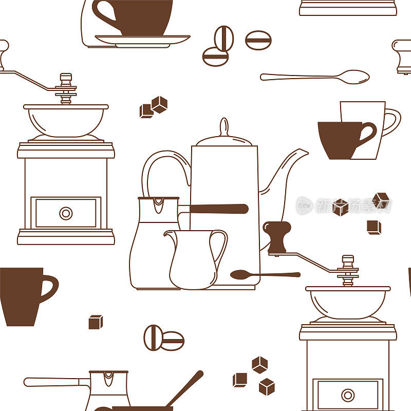 咖啡。Сup，勺子，方糖，豆子，水壶，cezve，咖啡研磨机，壶。线性图标。无缝的向量的背景。