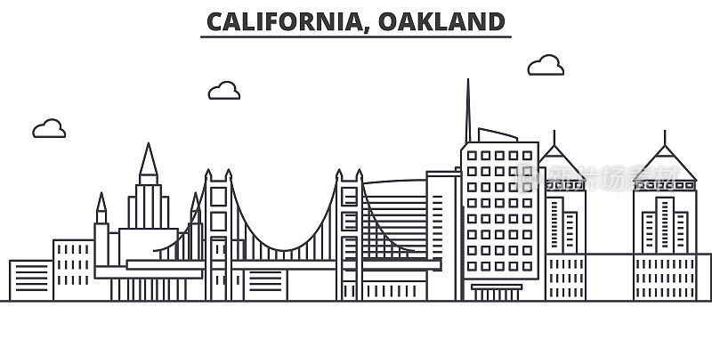 加州奥克兰建筑线天际线插图。线性向量的城市景观与著名的地标，城市景观，设计图标。风景与可编辑的笔触