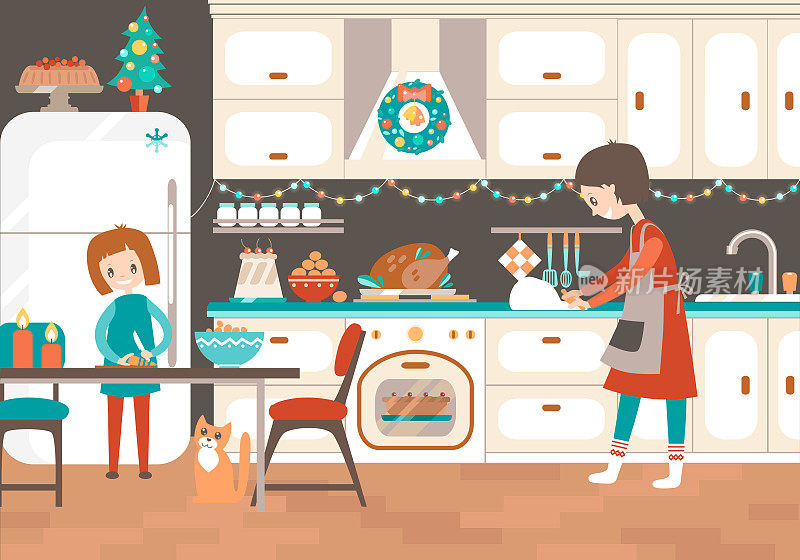 妈妈和女儿一起在厨房烹饪圣诞大餐