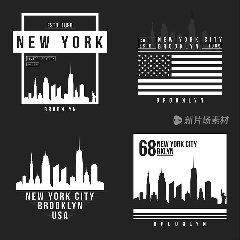 纽约，布鲁克林印刷t恤。纽约天际线t恤图形。t恤设计集合