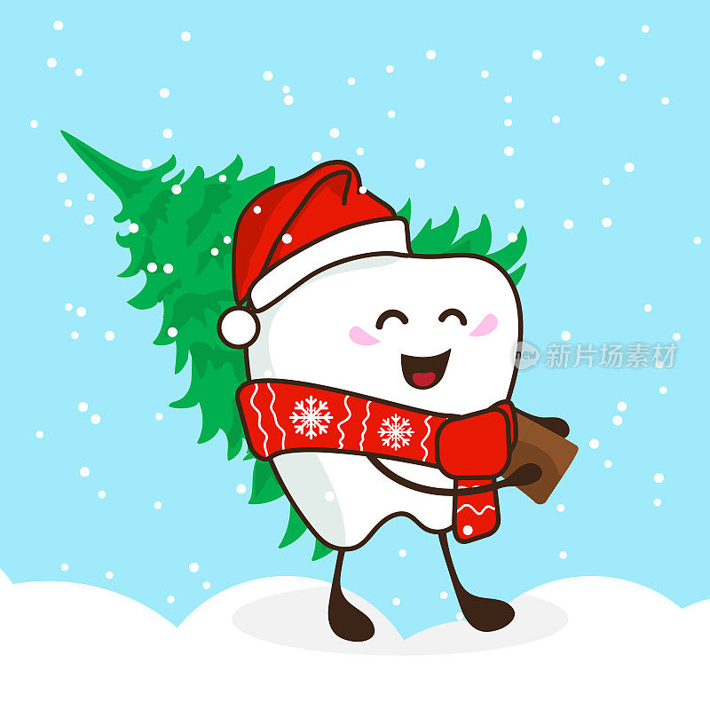 圣诞老人戴着一顶带着圣诞树的滑稽牙齿。