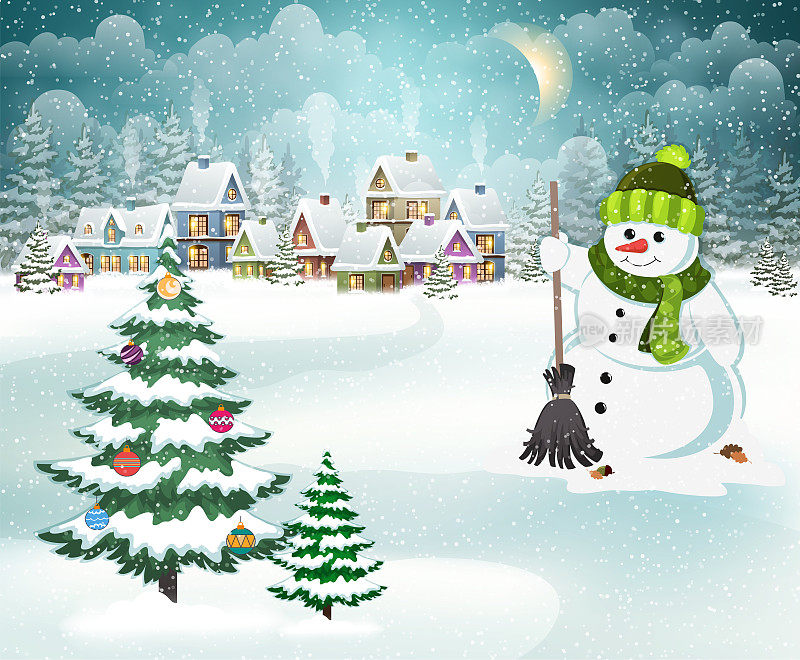 冬天的村庄有雪人和圣诞树