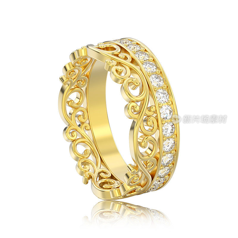 3D插图孤立黄金装饰王冠钻石戒指与反射