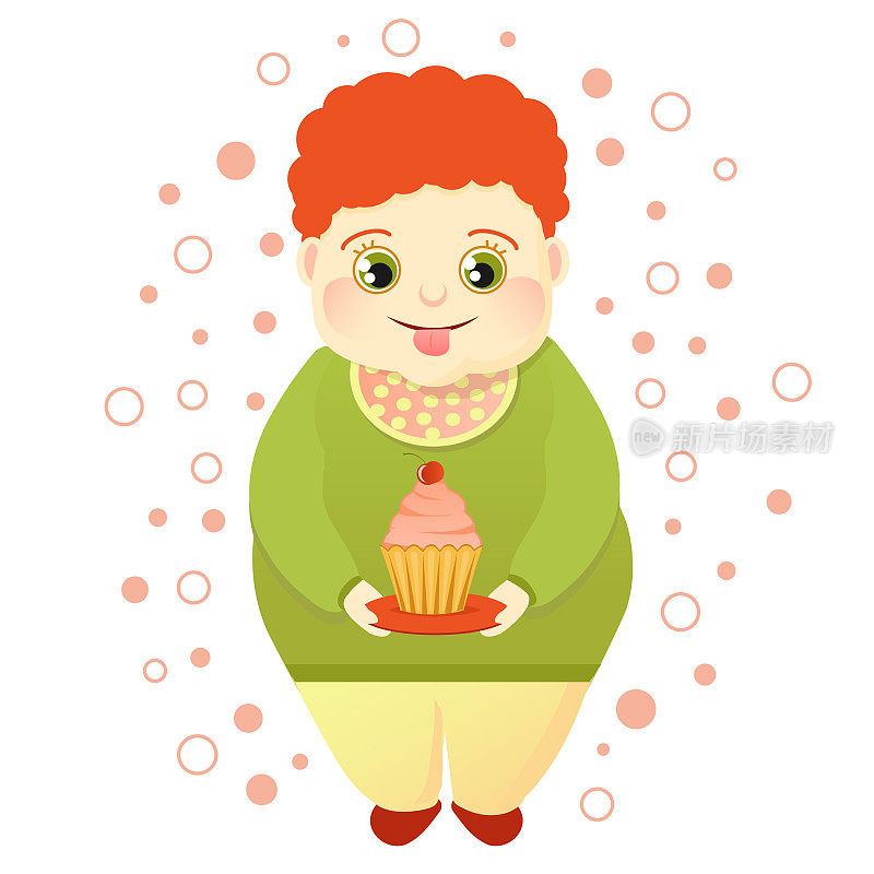 一个红头发的胖男孩拿着一块蛋糕，舔着自己。酷酷的甜心或甜食爱好者。可爱贪吃的人