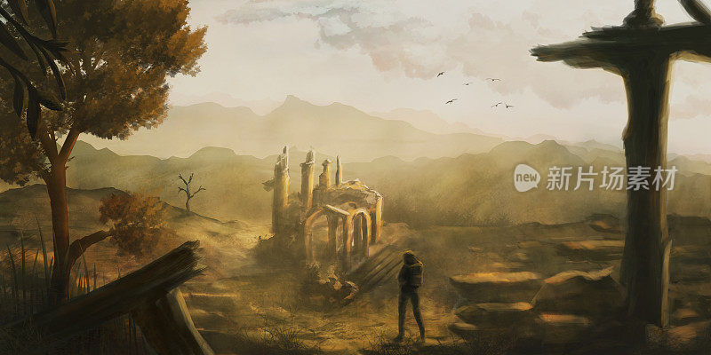 田园诗般的幻想风景，一个人发现古老的废墟，数字绘画