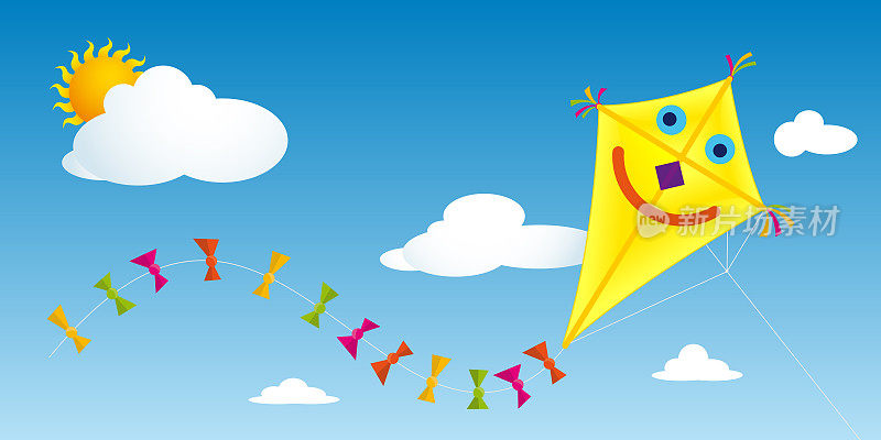 黄色的纸风筝带着快乐的脸和尾巴，带着五颜六色的蝴蝶结，在蓝天白云中飞翔